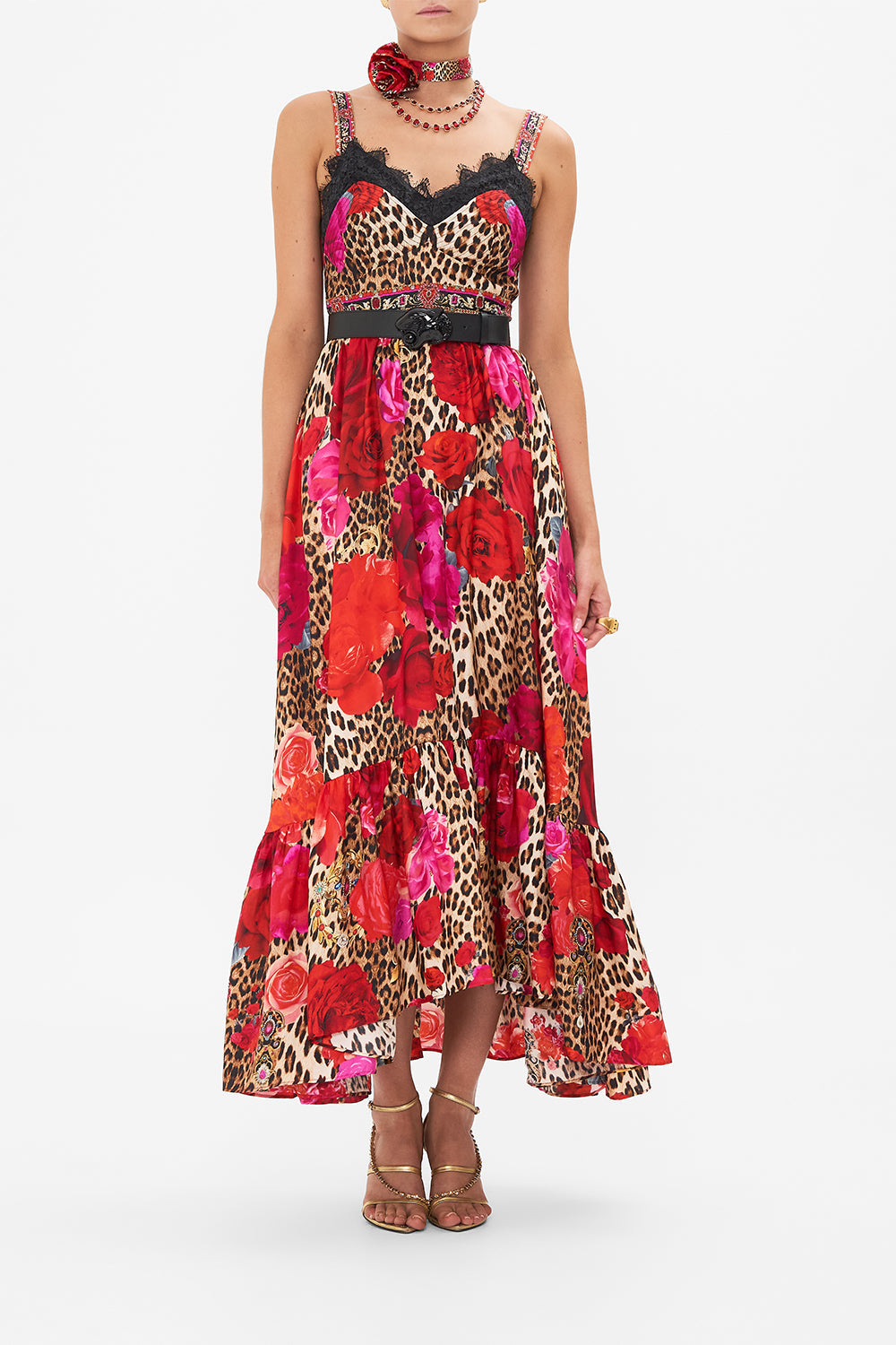 The CAMILLA LEOPARD HEAD BUCKLE BELT SOLID BLACK in our  print.