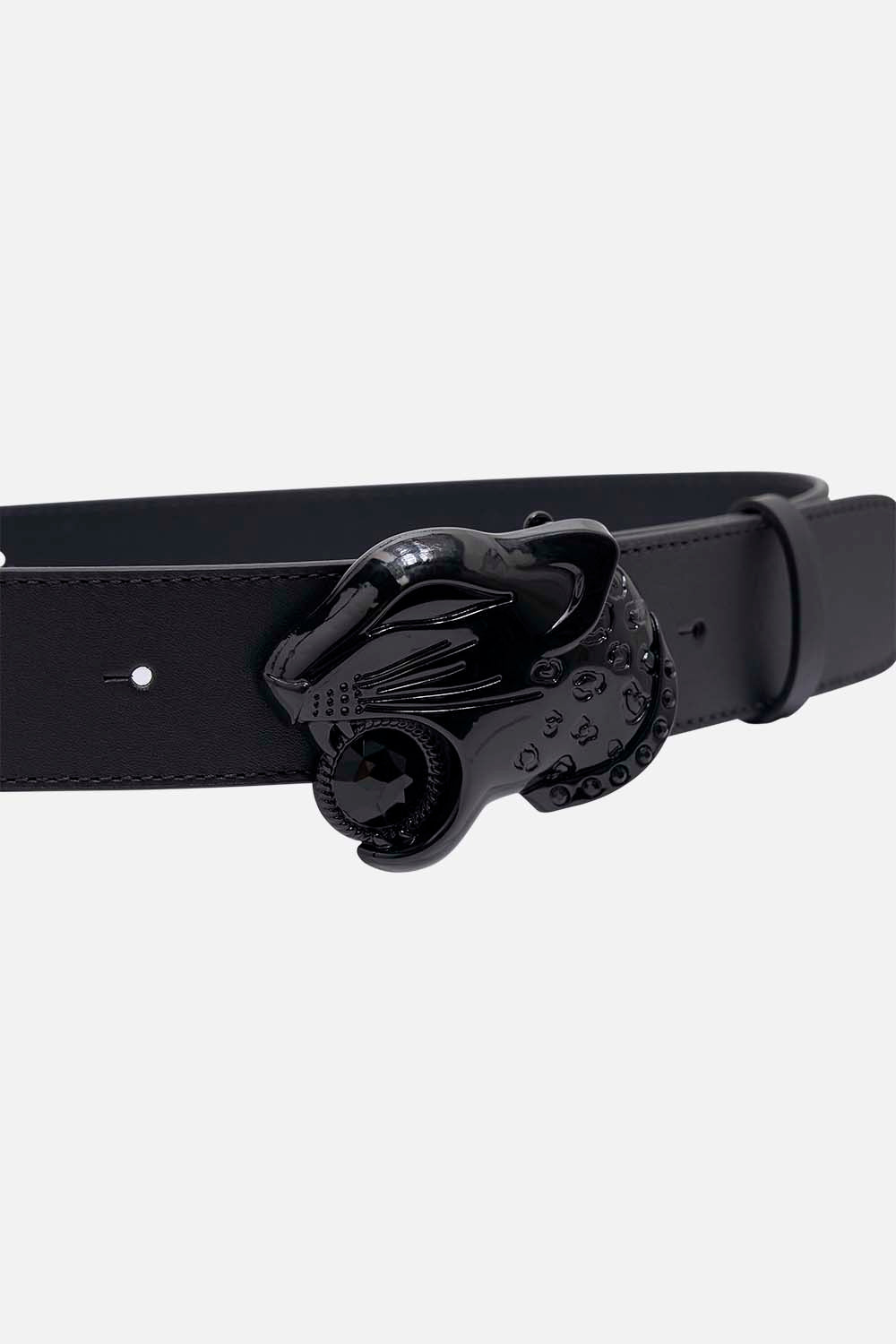 The CAMILLA LEOPARD HEAD BUCKLE BELT SOLID BLACK in our  print.