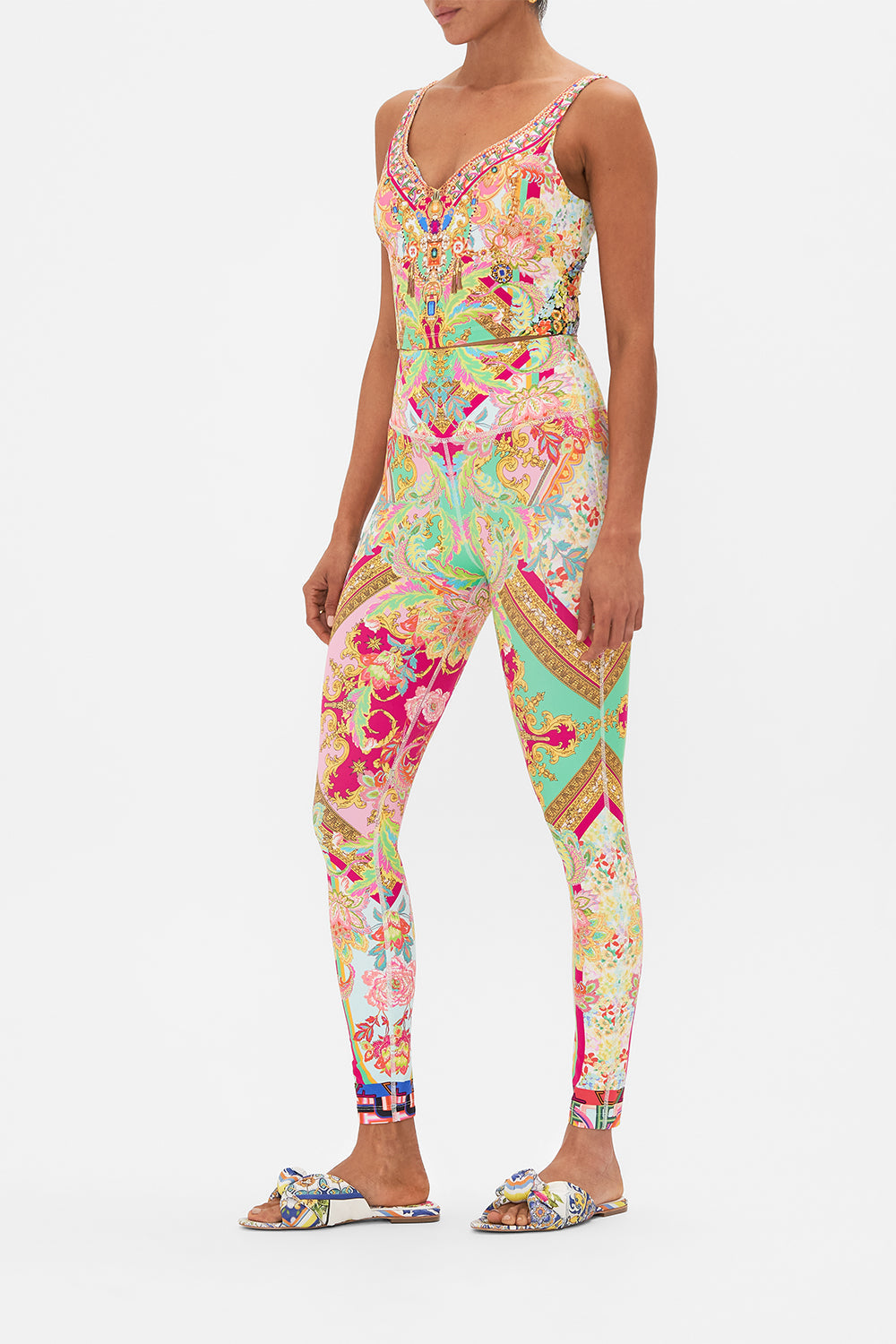 Side view of model wearing CAMILLA resortwear long sarong in Sundowners in Sicily print