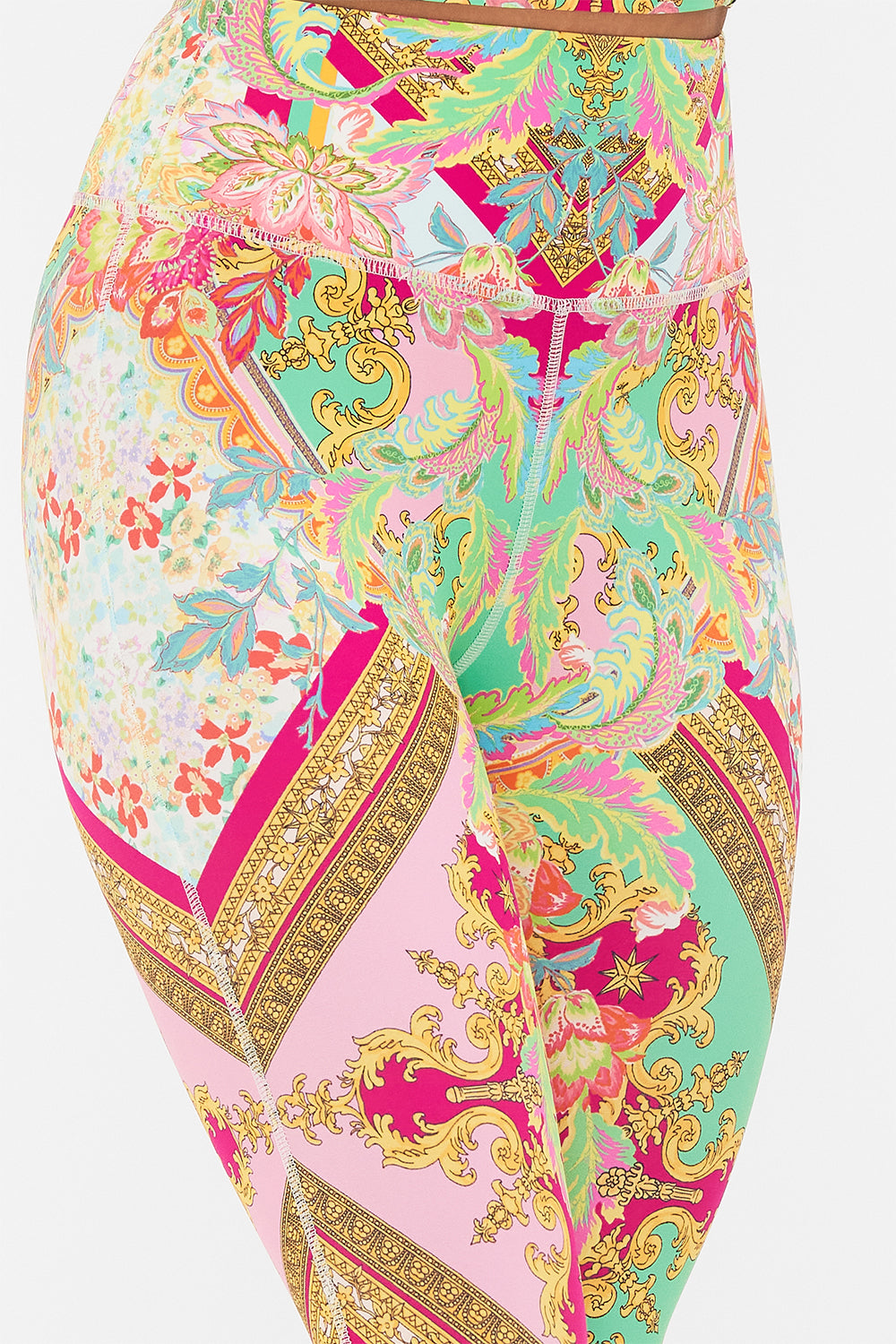 Detail view of model wearing CAMILLA resortwear long sarong in Sundowners in Sicily print