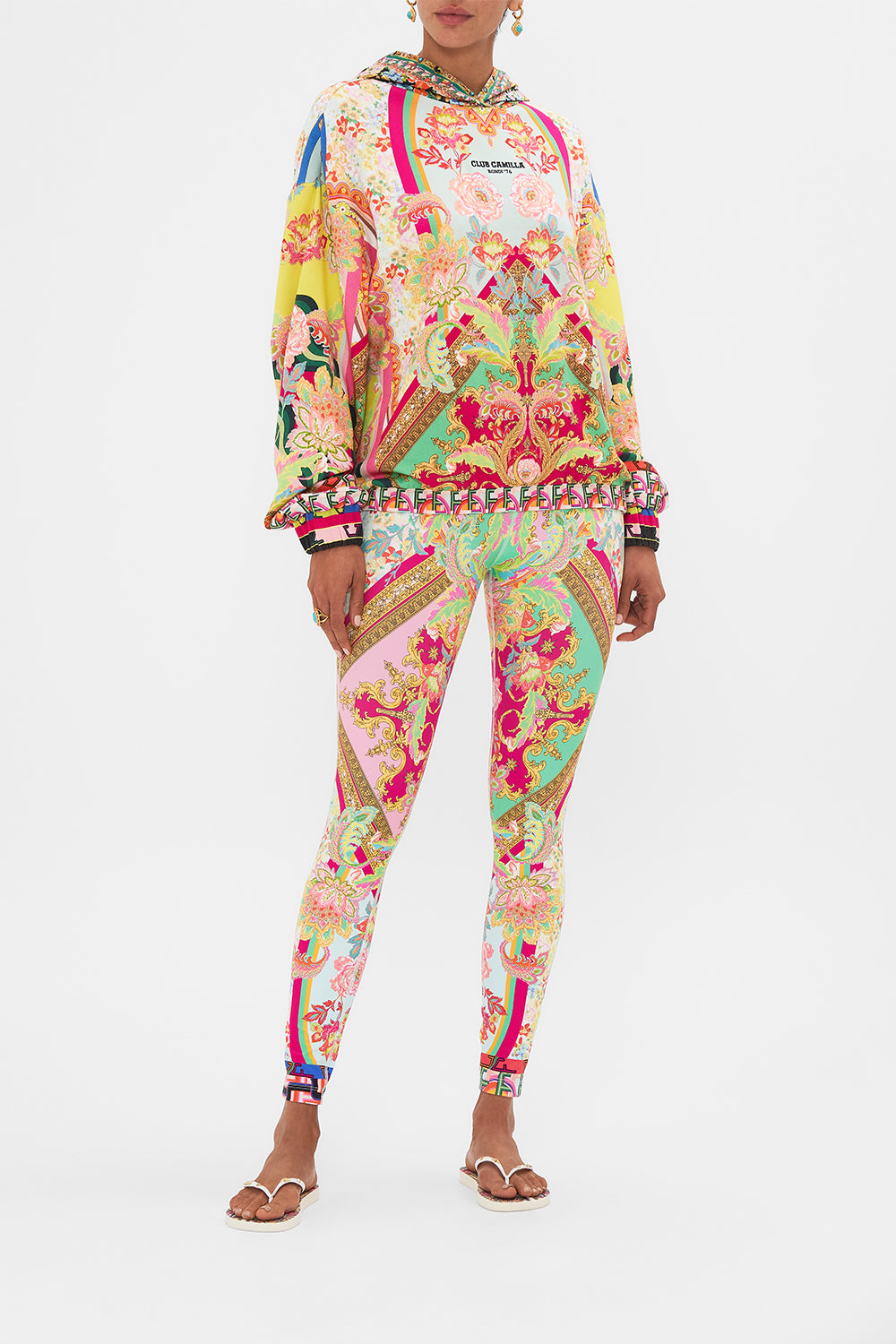 Front view of model wearing CAMILLA sweater in Ciao Bella print