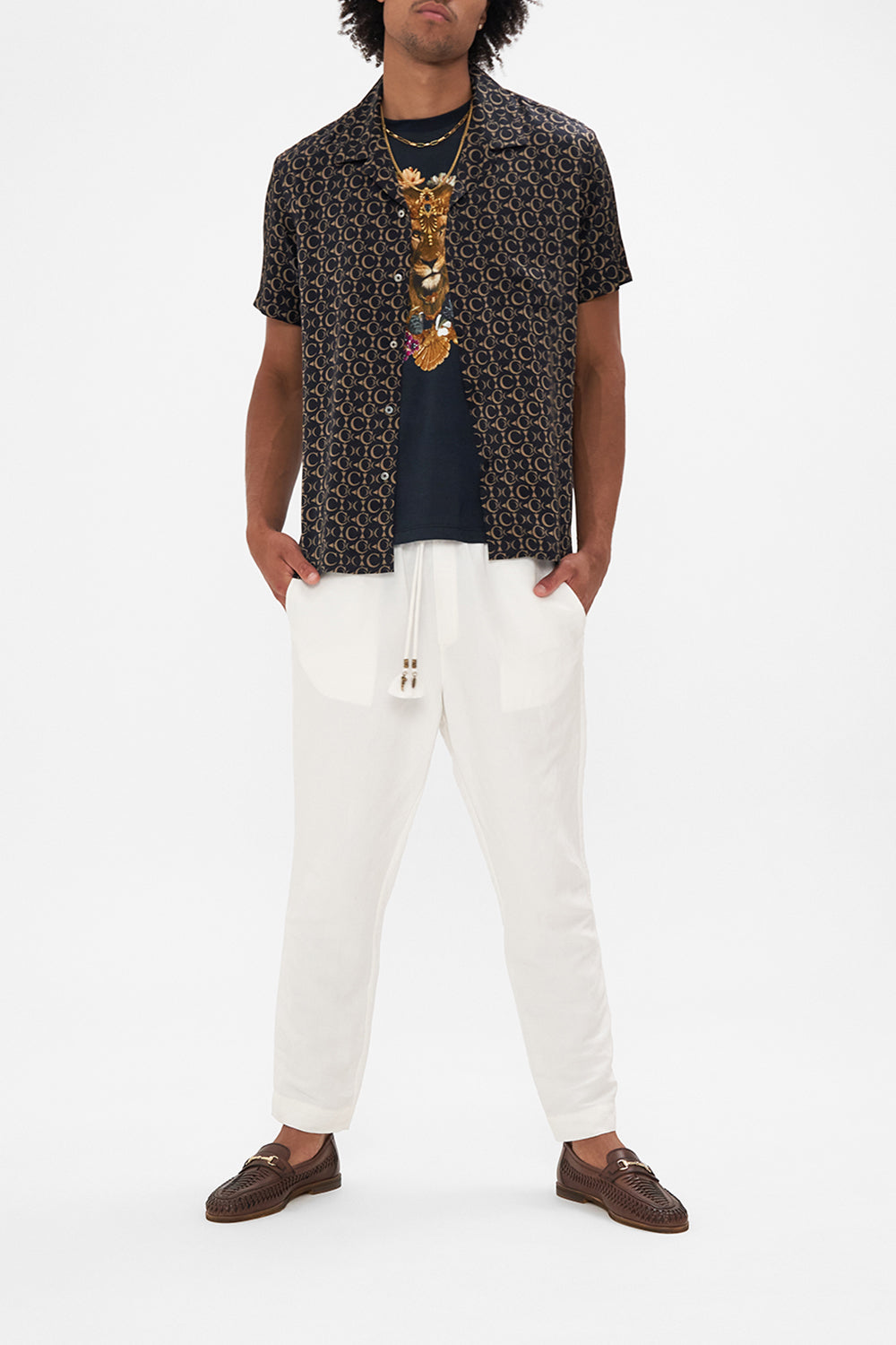 Front view of model wearing HOTEL FRANKS BY CAMILLA men short sleeve silk  shirt in A Night At The Opera floral print