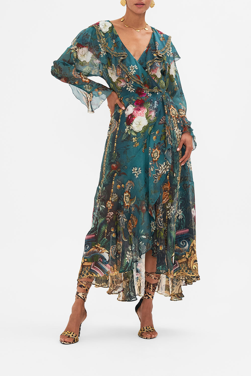 Front view of model wearing CAMILLA silk wrap dress in Verdis World print