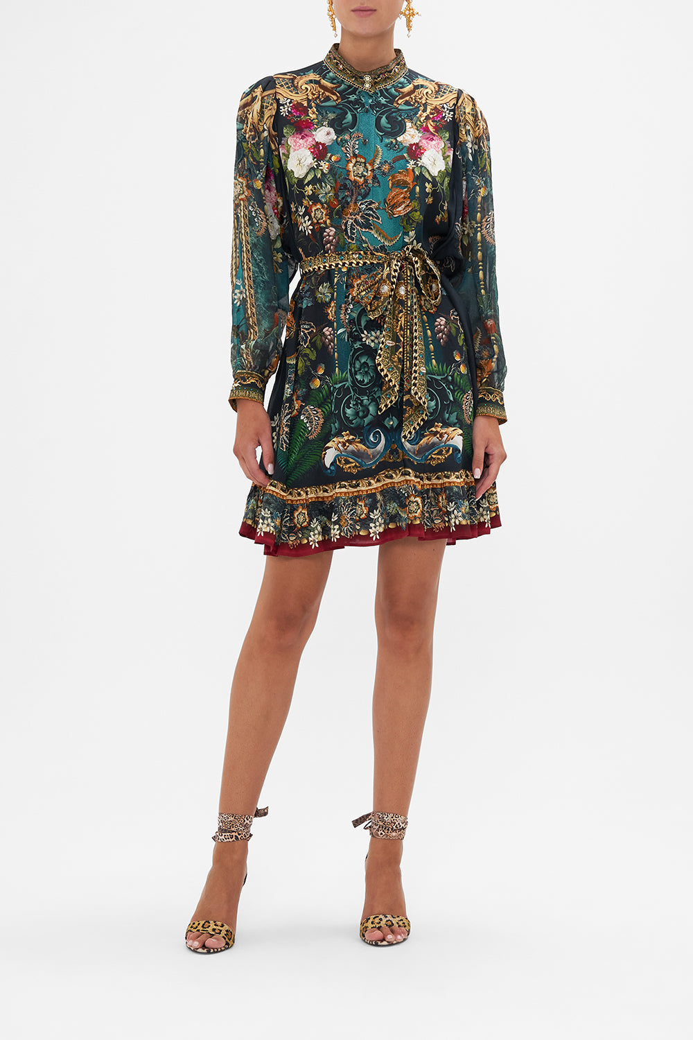 Front view of model wearing CAMILLA green silk shirt dress in Verdis World print