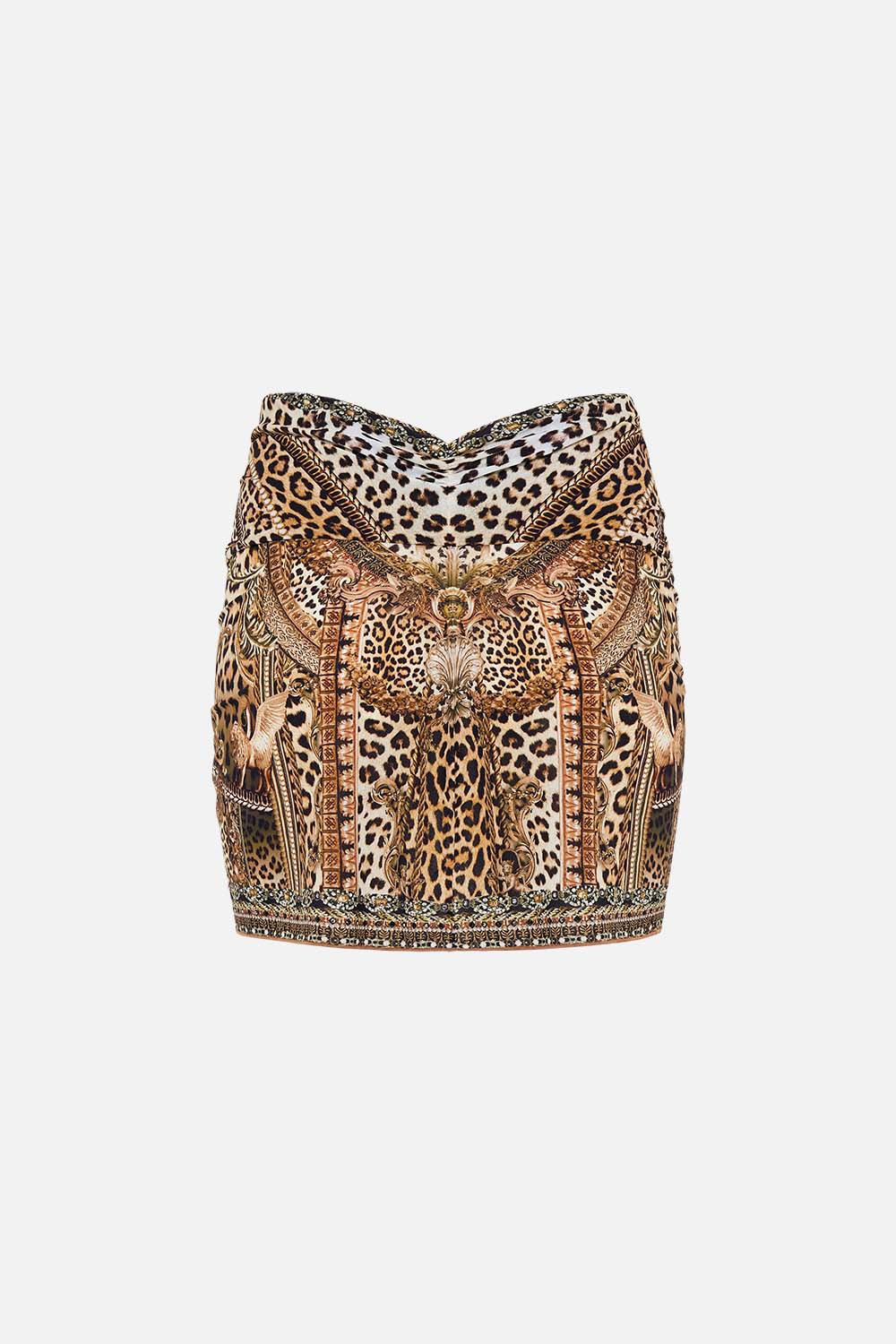 Video of model wearing CAMILLA resortwear leopard print mini skirt in Standing Ovation print