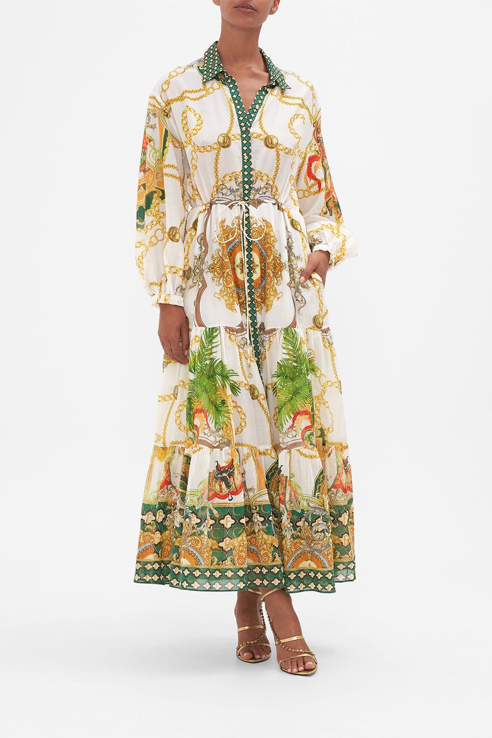 Front view of model wearing CAMILLA silk cotton maxi dress in My Sweet Devotion print