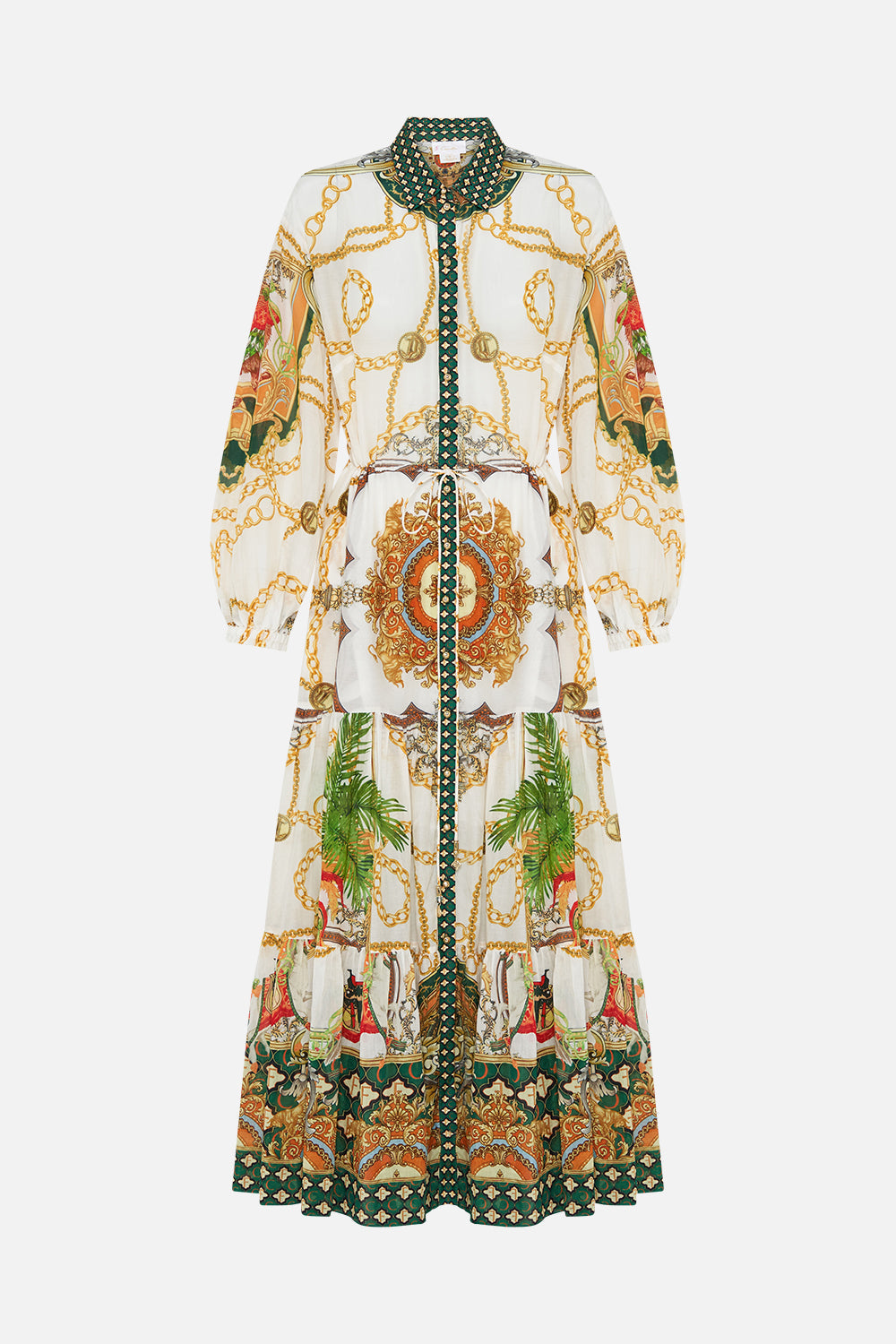 Detail view of model wearing CAMILLA silk cotton maxi dress in My Sweet Devotion print