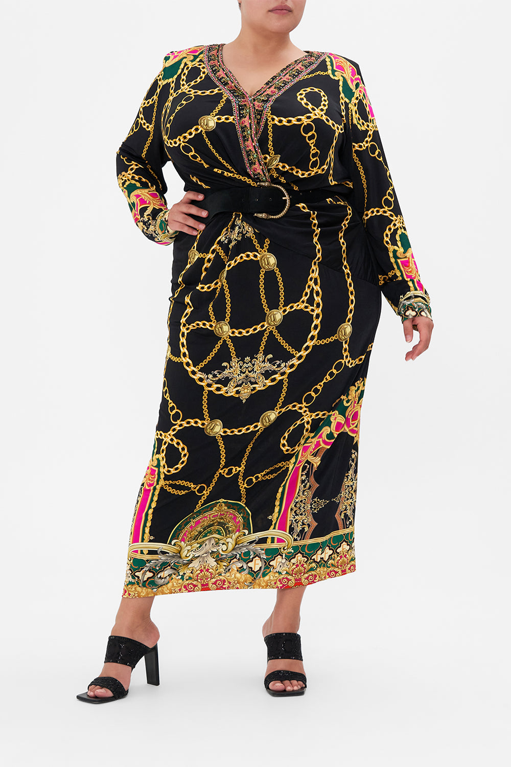 Front view of curvy model wearing CAMILLA plus size jersey dress in Jealousy And Jewels print