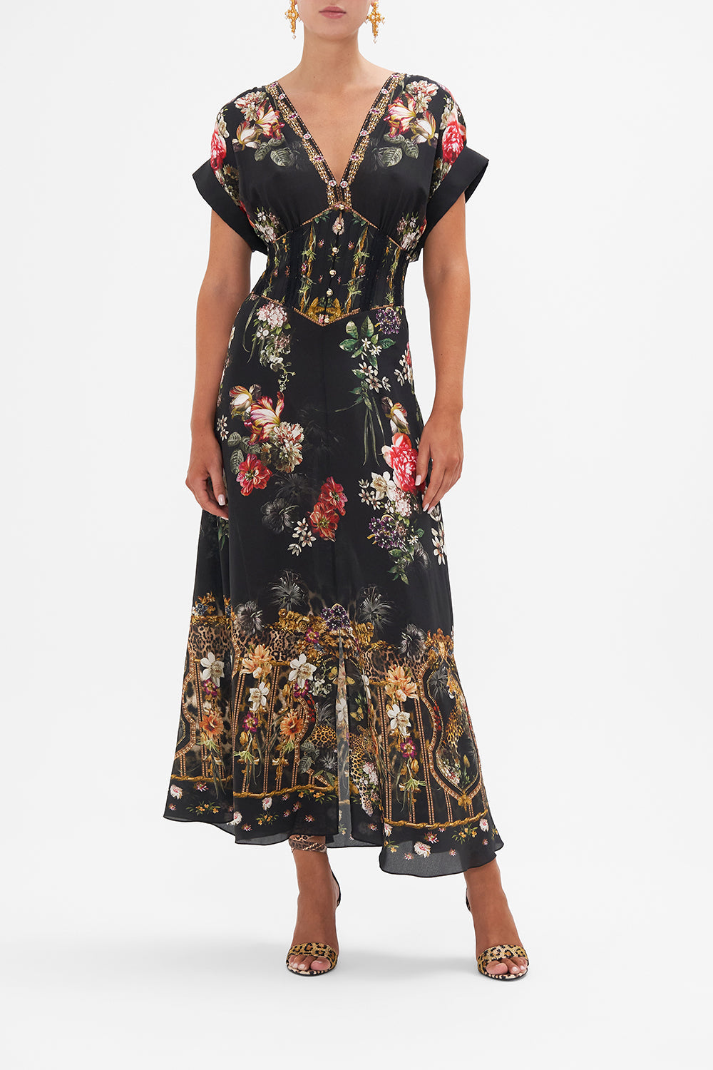 Front view of model wearing CAMILLA silk corset dress in A Night At The Opera print