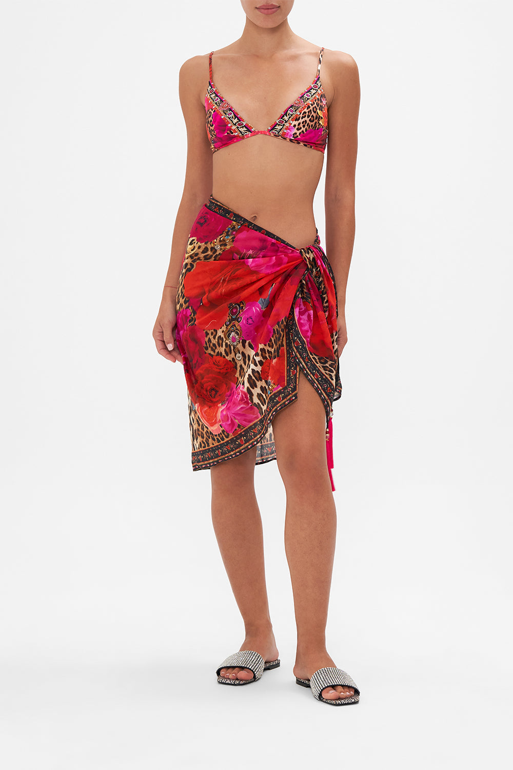 Front view of model wearing CAMILLA resortwear short sarong in Heart Like Wildflower print