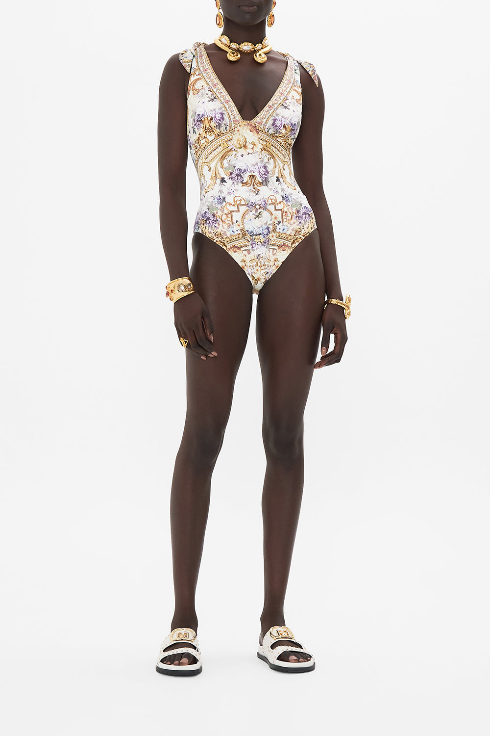 Front view of model wearing CAMILLA resort wear one shoulder swimsuit in Palazzo Play Date print 