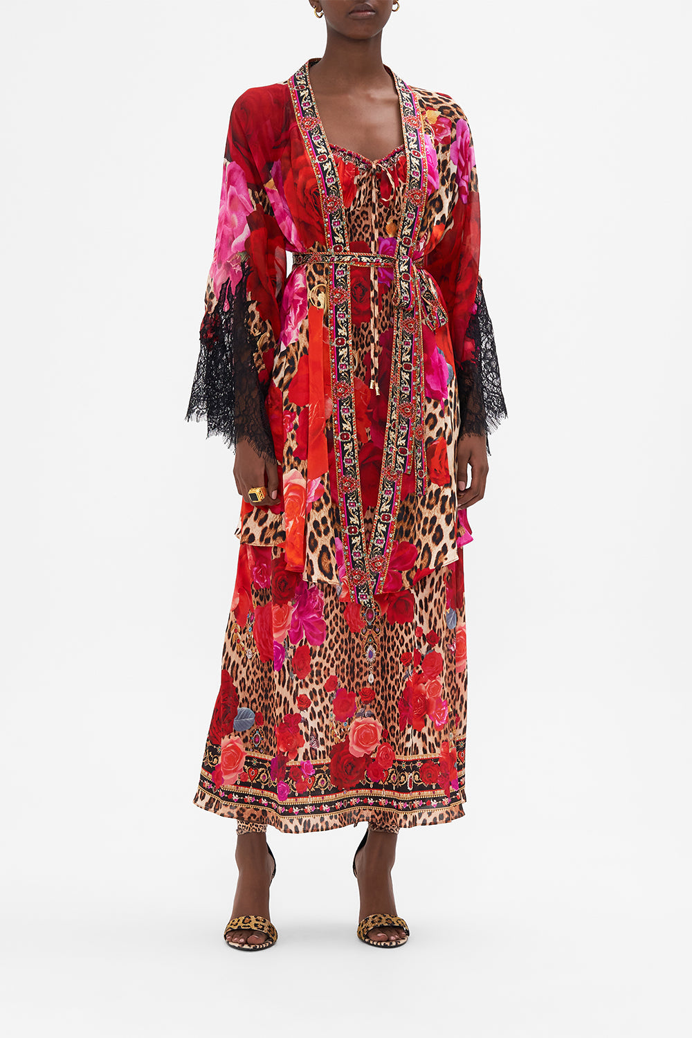 Front view of model wearing CAMILLA silk kimono jacket in Heart Like A Wildflower print 