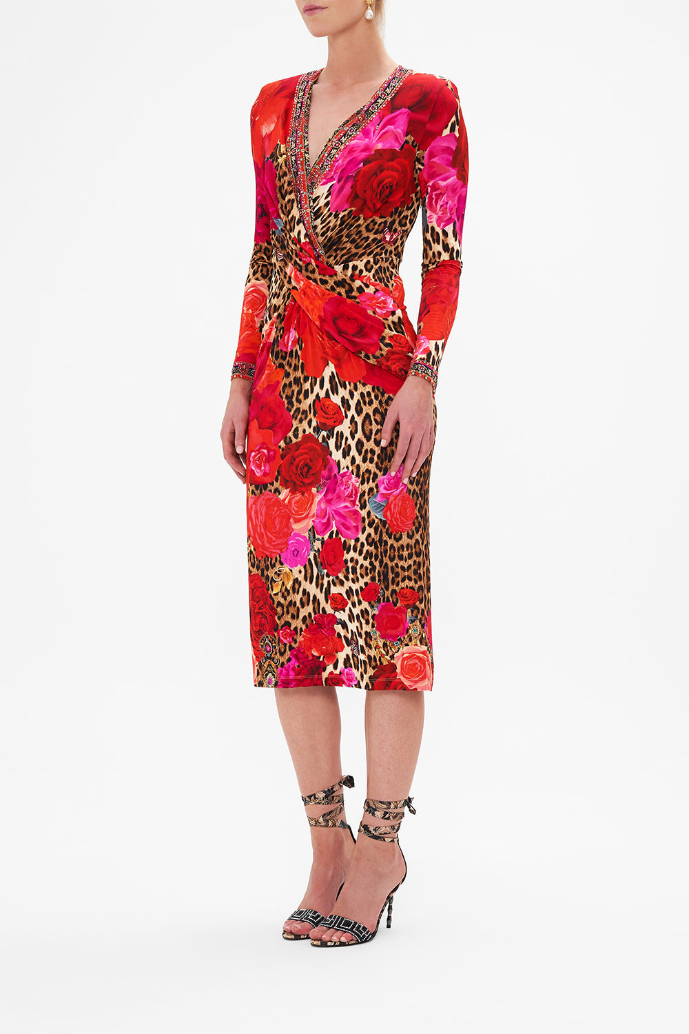 Side view of model wearing CAMILLA jersey dress in Heart Like A Wildflower print