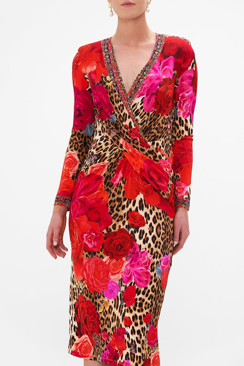 Detail view of model wearing CAMILLA jersey dress in Heart Like A Wildflower print