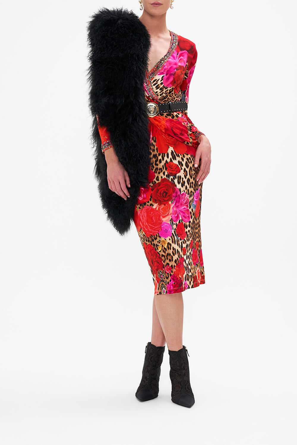 Crop view of model wearing CAMILLA jersey dress in Heart Like A Wildflower print