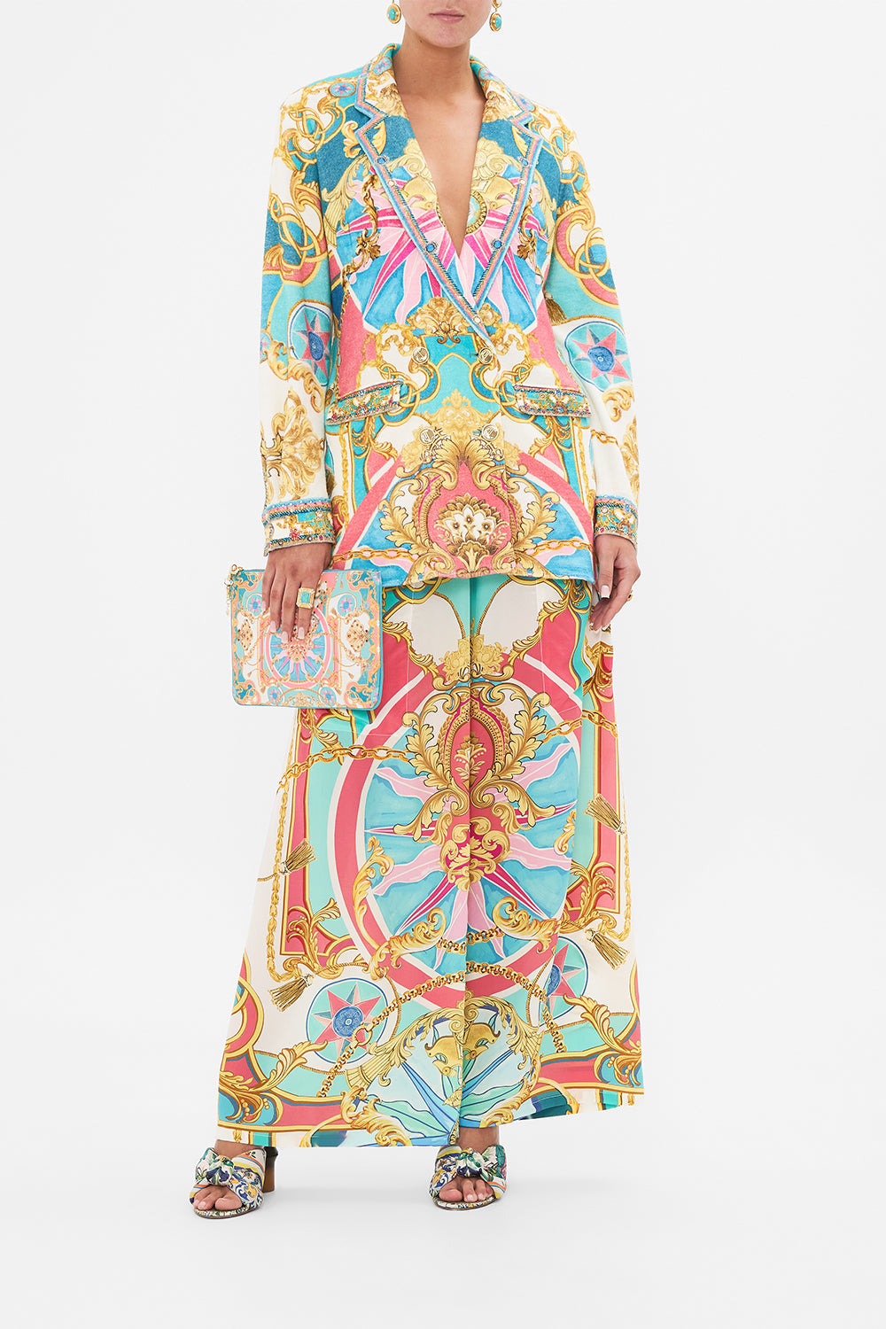 Front view of model wearing CAMILLA silk jacket in Sail Away With Me print 