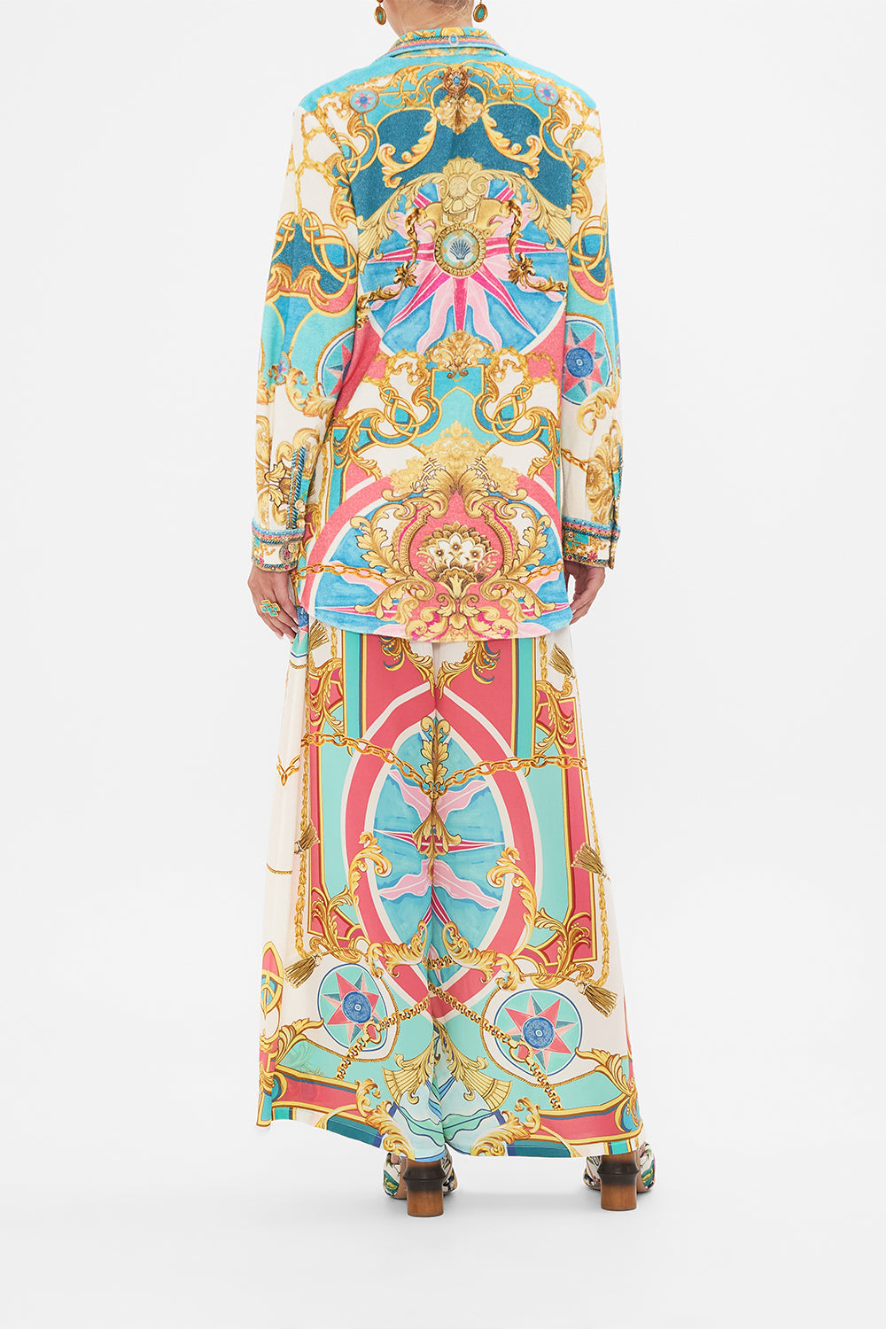 Back view of model wearing CAMILLA silk jacket in Sail Away With Me print 