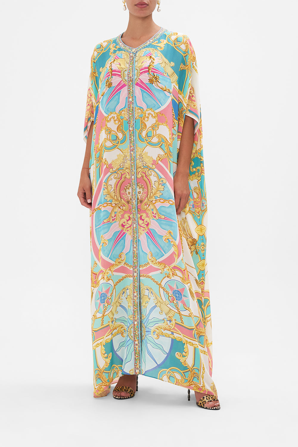 Front view of model wearing CAMILLA silk kaftan in Sail Away With Me print 