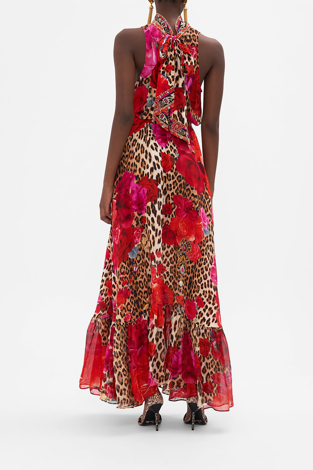 Back view of model wearing CAMILLA floral silk dress with neck tie in Heart Likle A Wildflower print