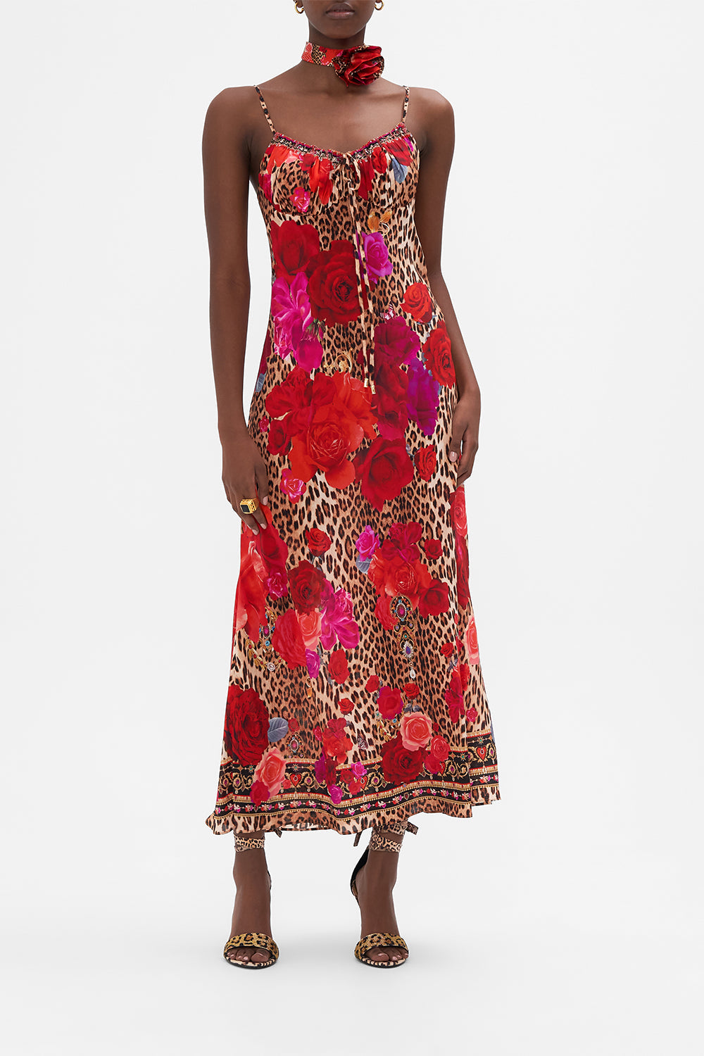 Front view of model wearing CAMILLA floral dress in Heart Like A Wildflower print 