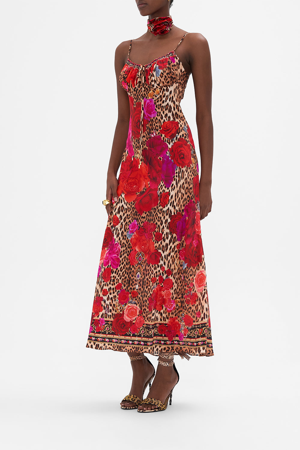 Side view of model wearing CAMILLA floral dress in Heart Like A Wildflower print 