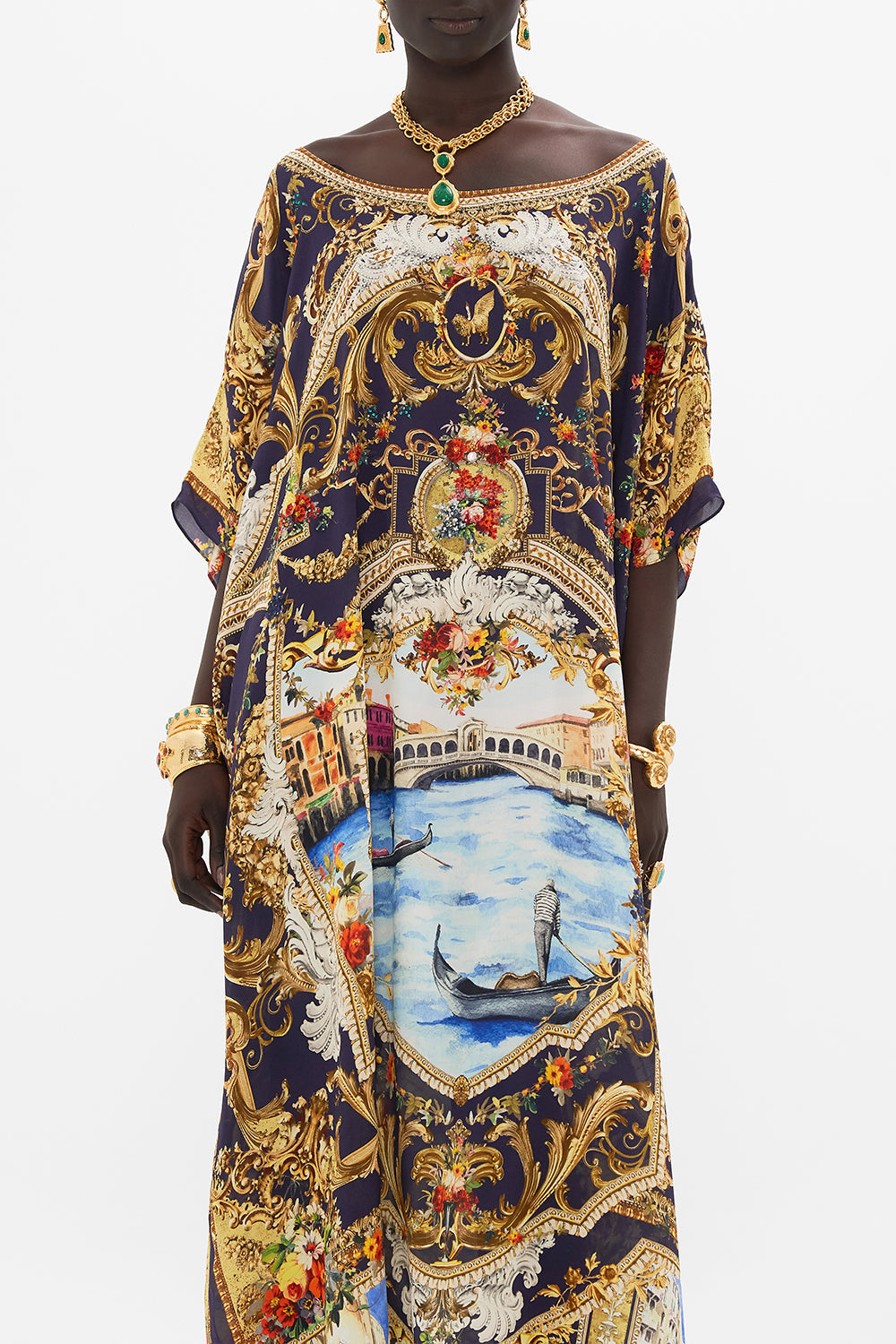 Crop view of model wearing CAMILLA silk kaftan in Venice Vignette print