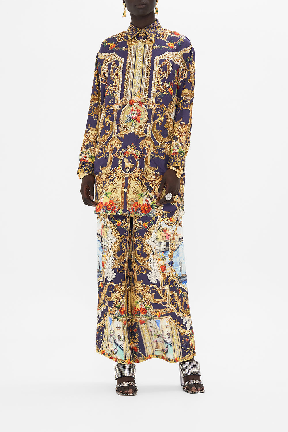 Front view of model wearing CAMILLA floral shirt tunic in Flowers Of Neptune print