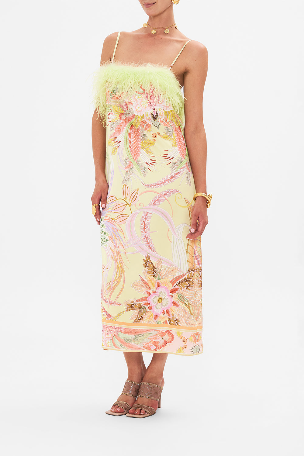 Side view model wearing CAMILLA silk midi dress in Cosmic Tuscan print