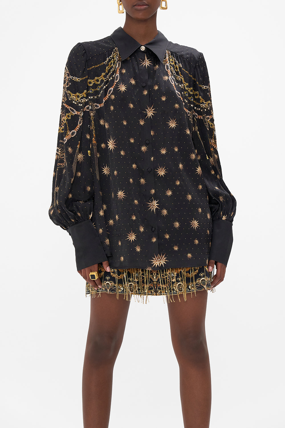 Crop view of model wearing CAMILLA silk blouse in Soul Of A Star Gazer