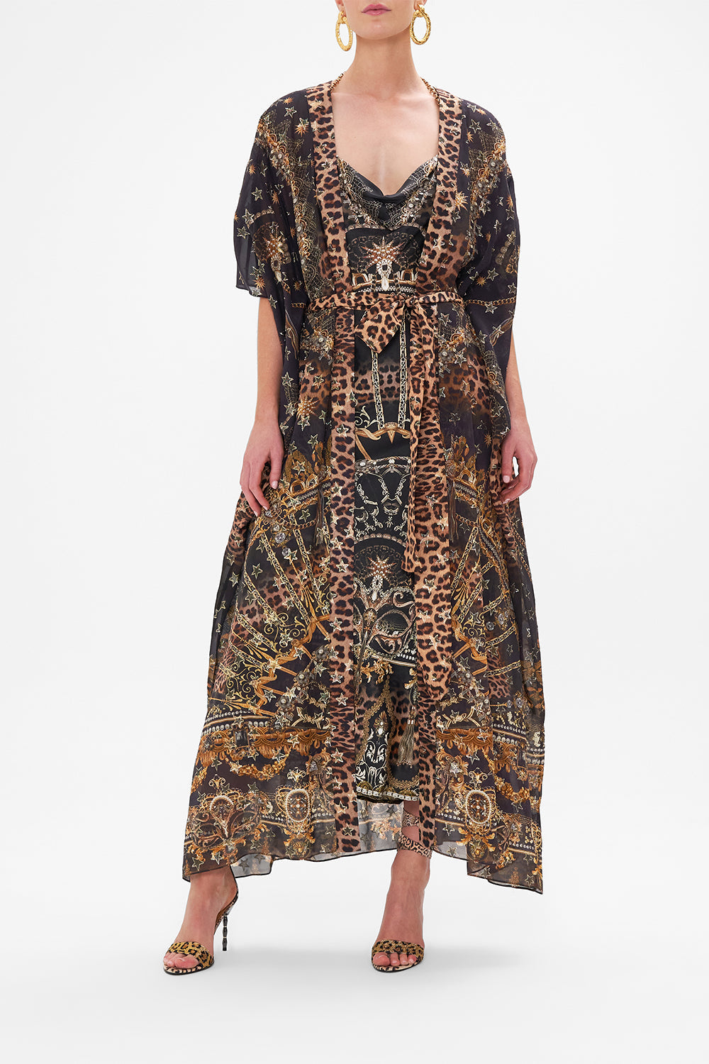 The CAMILLA LUREX BELTED RELAXED LAYER MASKED AT MOONLIGHT in our MASKED MOONLIGHT print.