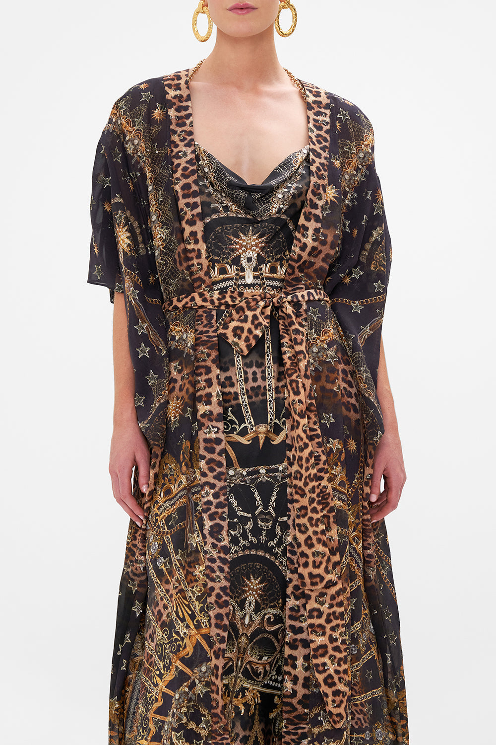 The CAMILLA LUREX BELTED RELAXED LAYER MASKED AT MOONLIGHT in our  print.