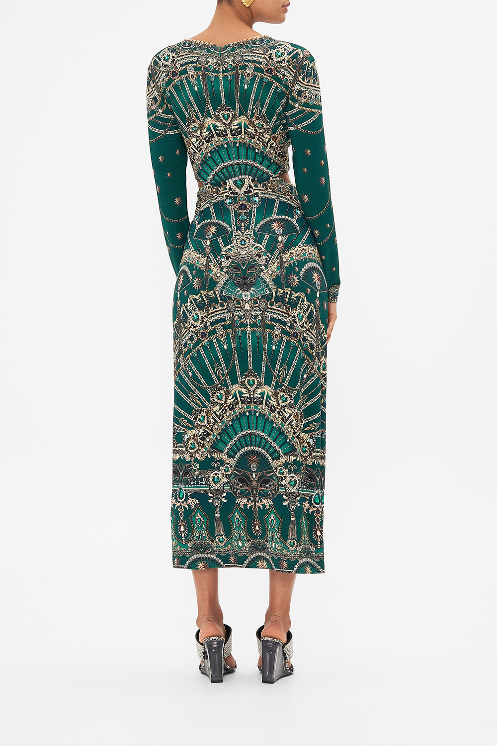 Back view of model wearing CAMILLA cut out green jersey dress in A Venice Veil print
