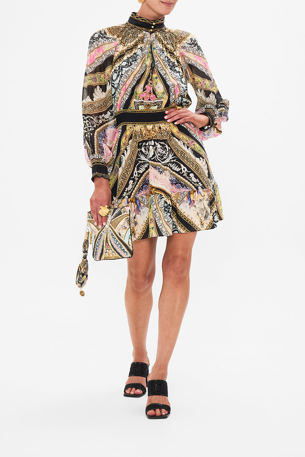 Front view of model wearing CAMILLA high neck mini dress in Florence Field Day print