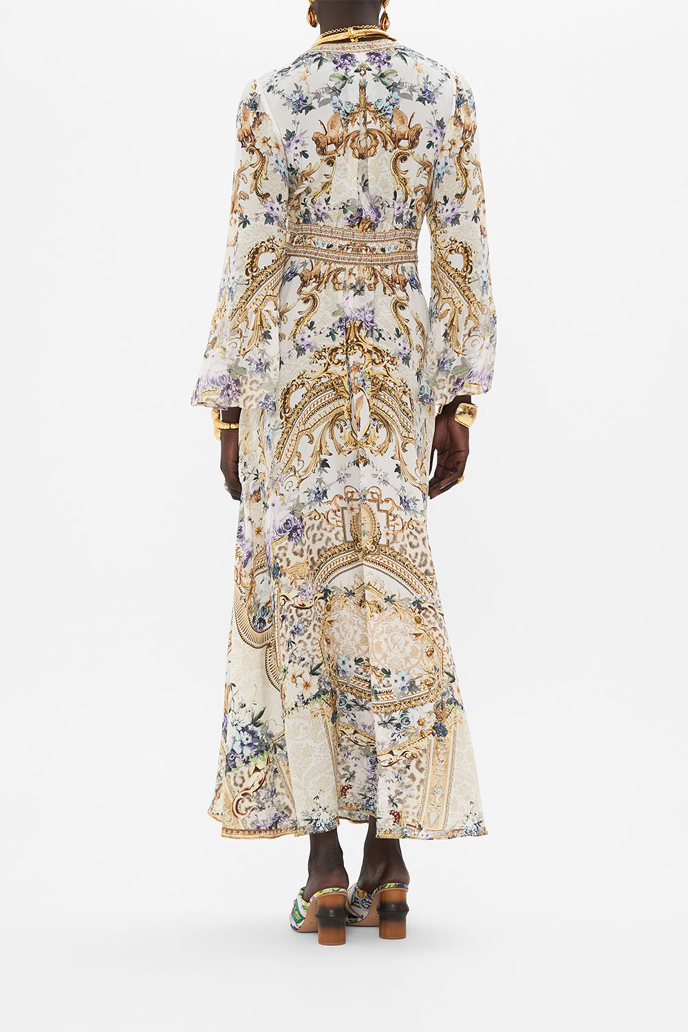 Back view of model wearing CAMILLA silk ruffle dressin Palazzo Playdate print