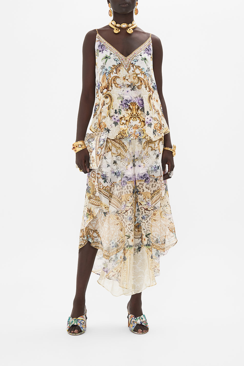 Front view of model wearing CAMILLA silk cami in Palazzo Playdate print 