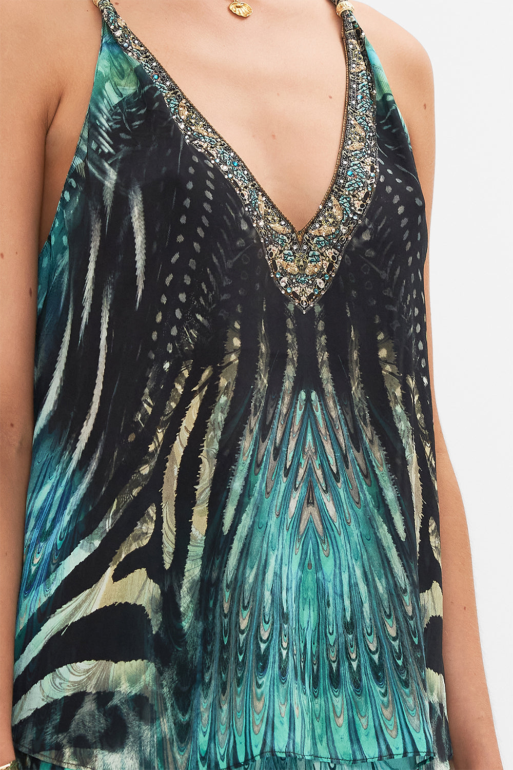 Detail view of model wearing CAMILLA silk tank top in Azure Allure print