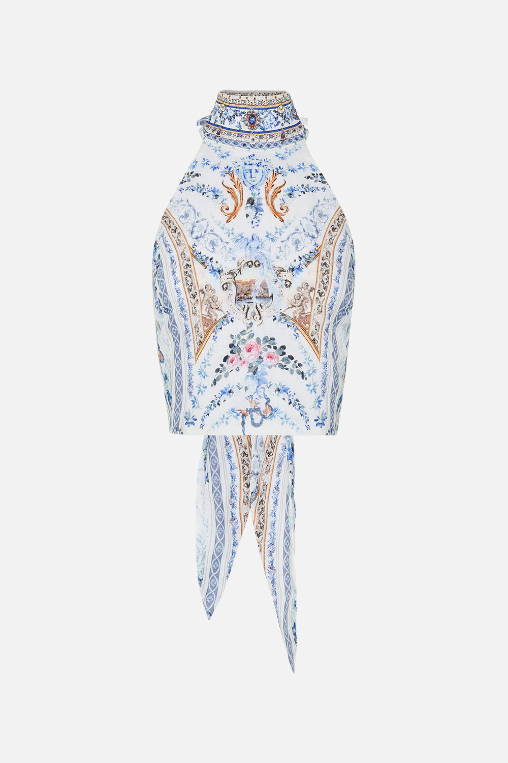 Product view of CAMILLA designer halter top in Season of The Siren print 