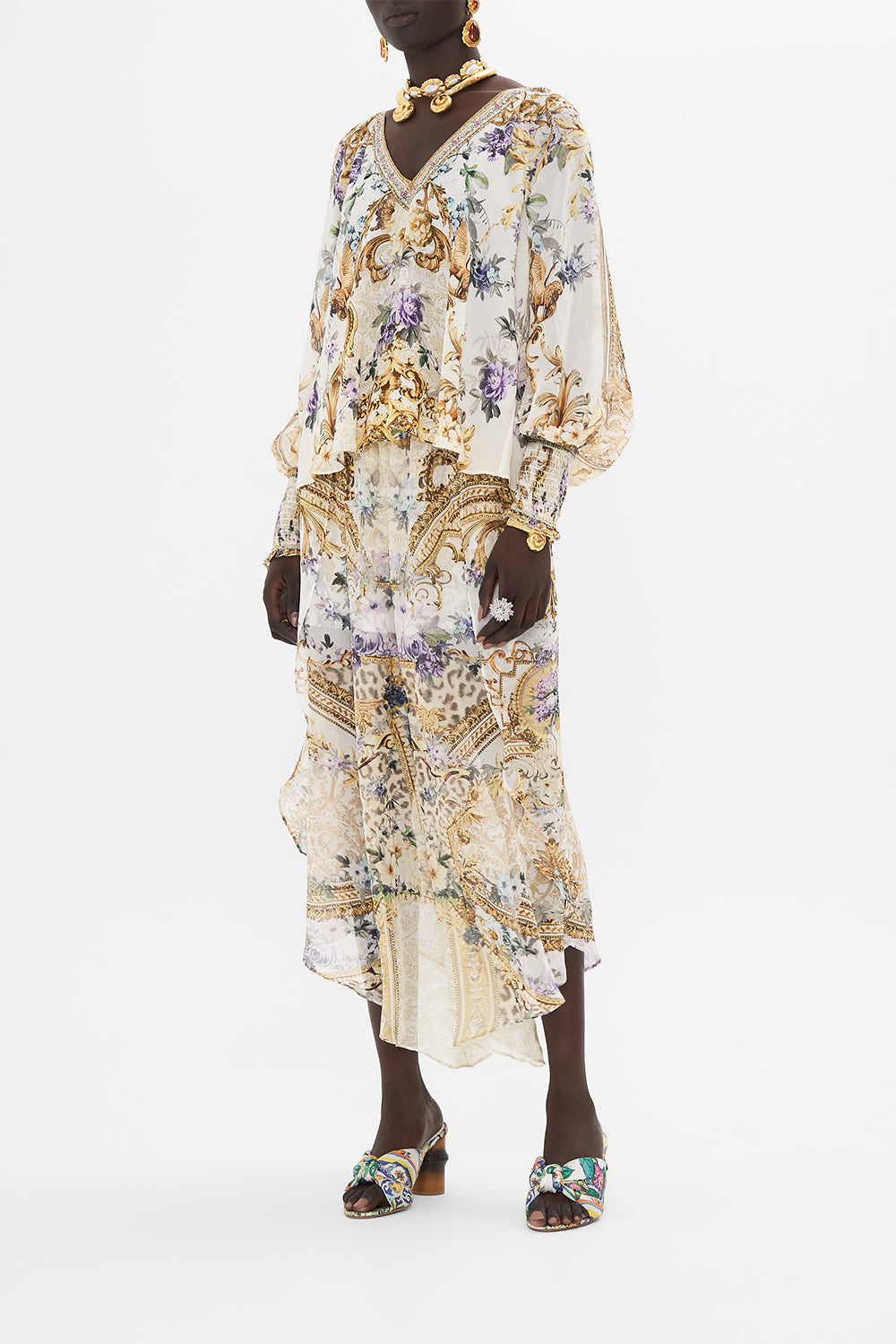 Side view of model wearing CAMILLA silk blouse in Palazzo Playdate print 