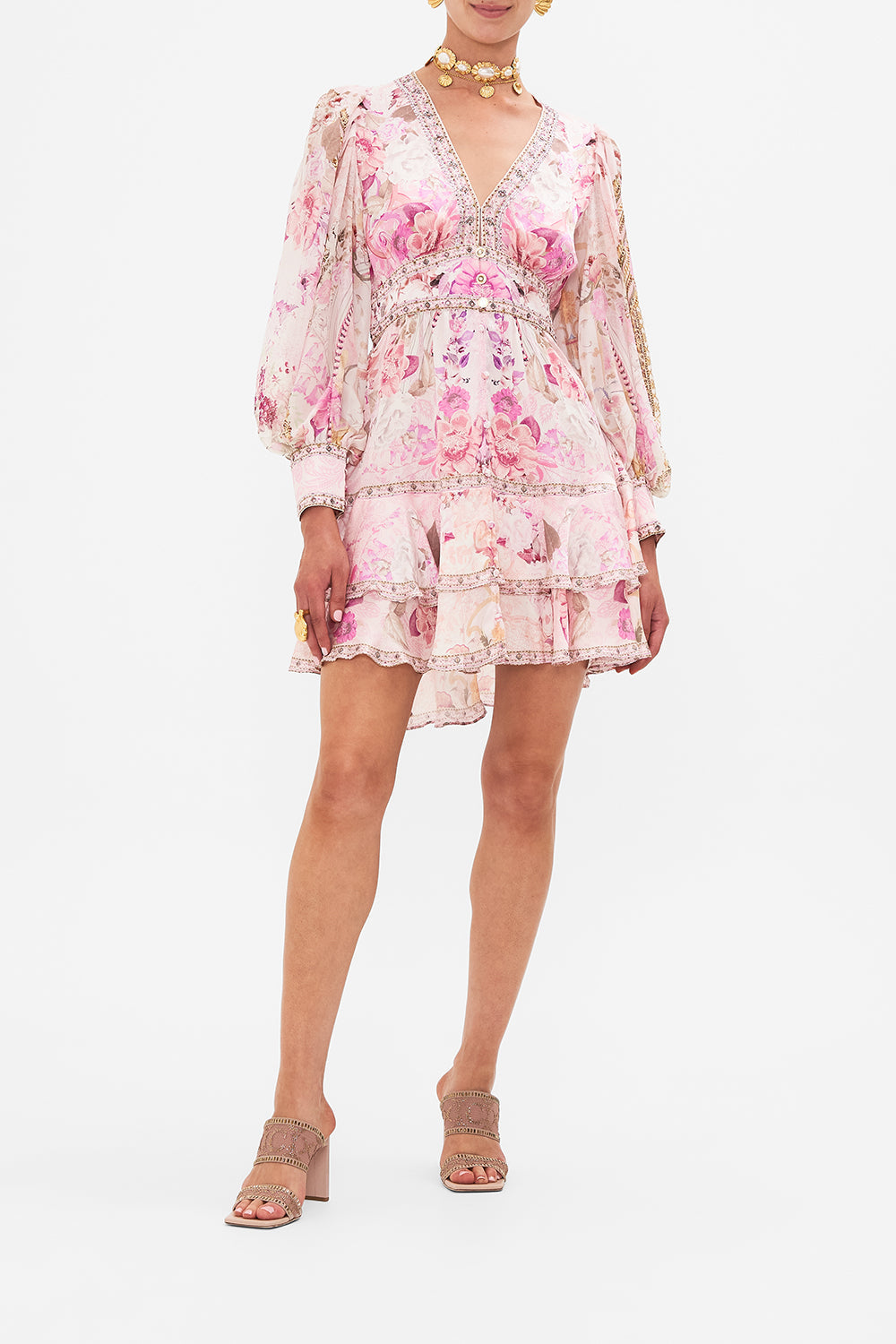 Front view of model wearing CAMILLA pink silk dress in Fresco Fairytale print