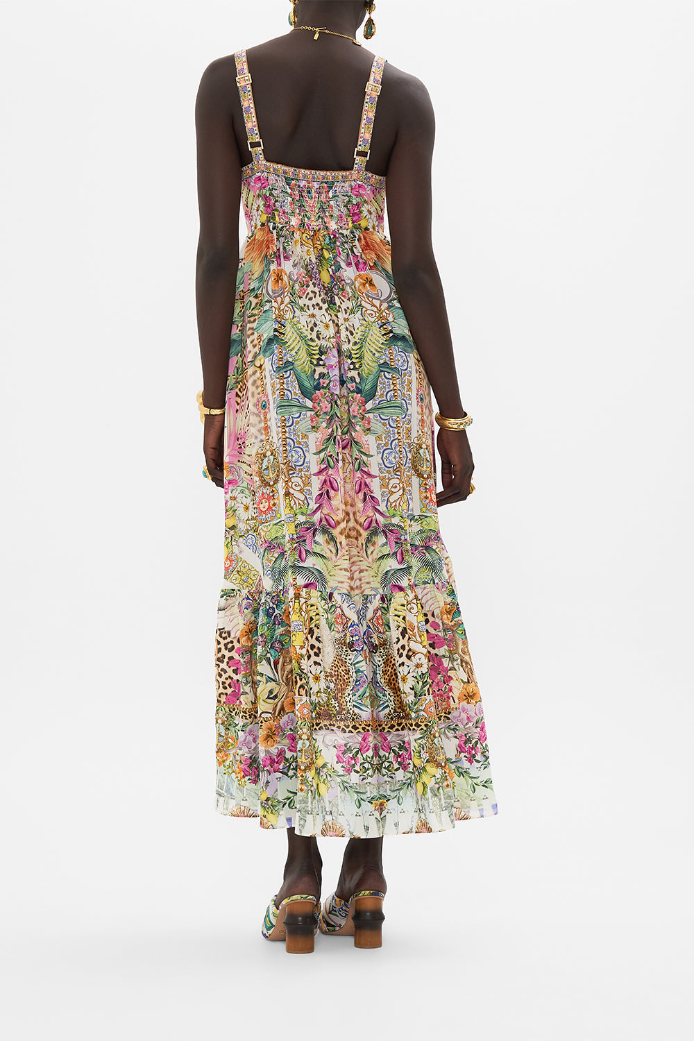Back view of model wearing CAMILLA floral silk dress in Flowers Of Neptune print