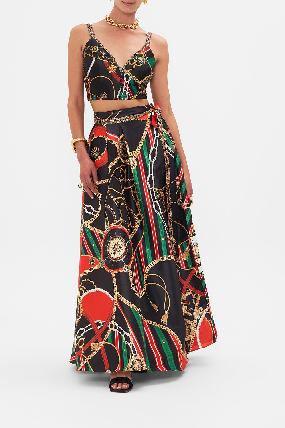 Front view of model wearing CAMILLA designer bralette top in Club Aperitivo print