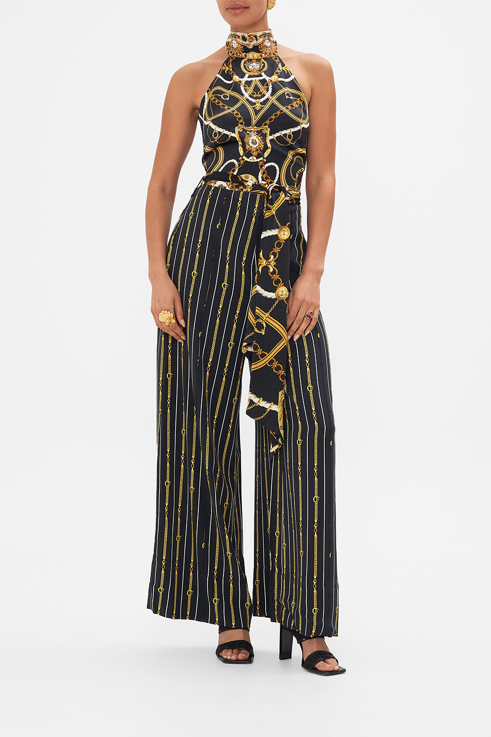 The CAMILLA SCARF BELT WIDE LEG PANT COAST TO COAST in our COAST TO COAST print.