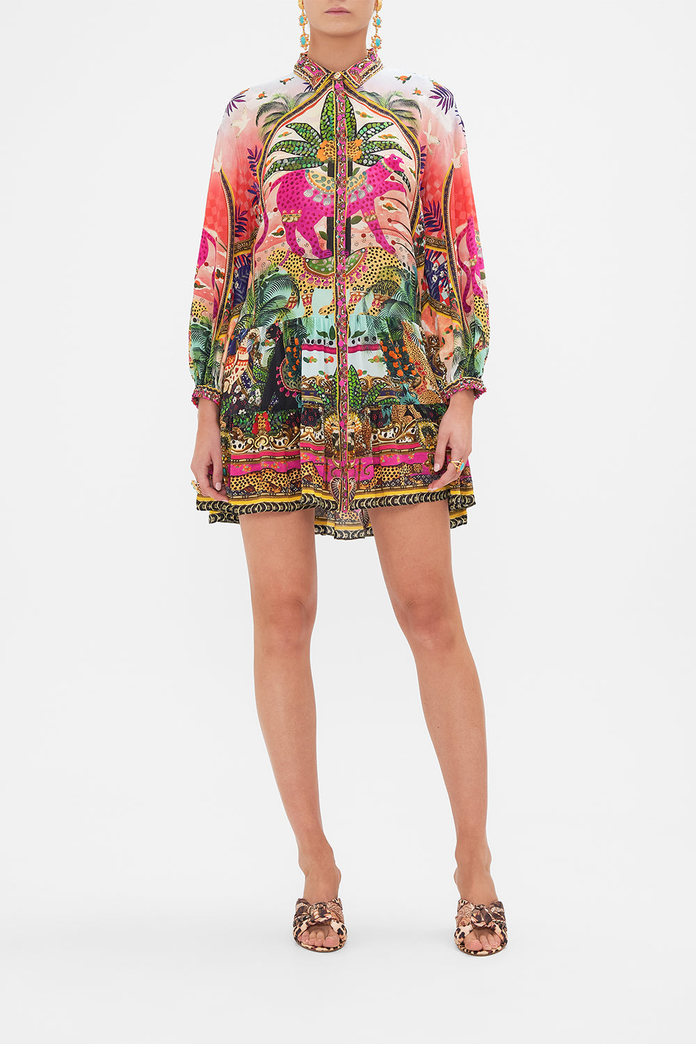 Front view of model wearing CAMILLA silk shirt dress in Alessandro's Atlantis print