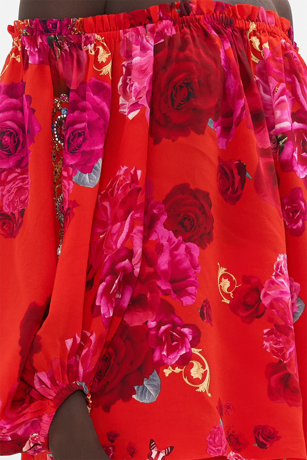 Detail view of model wearing CAMILLA off the shoulder top in An Italian Rosa print