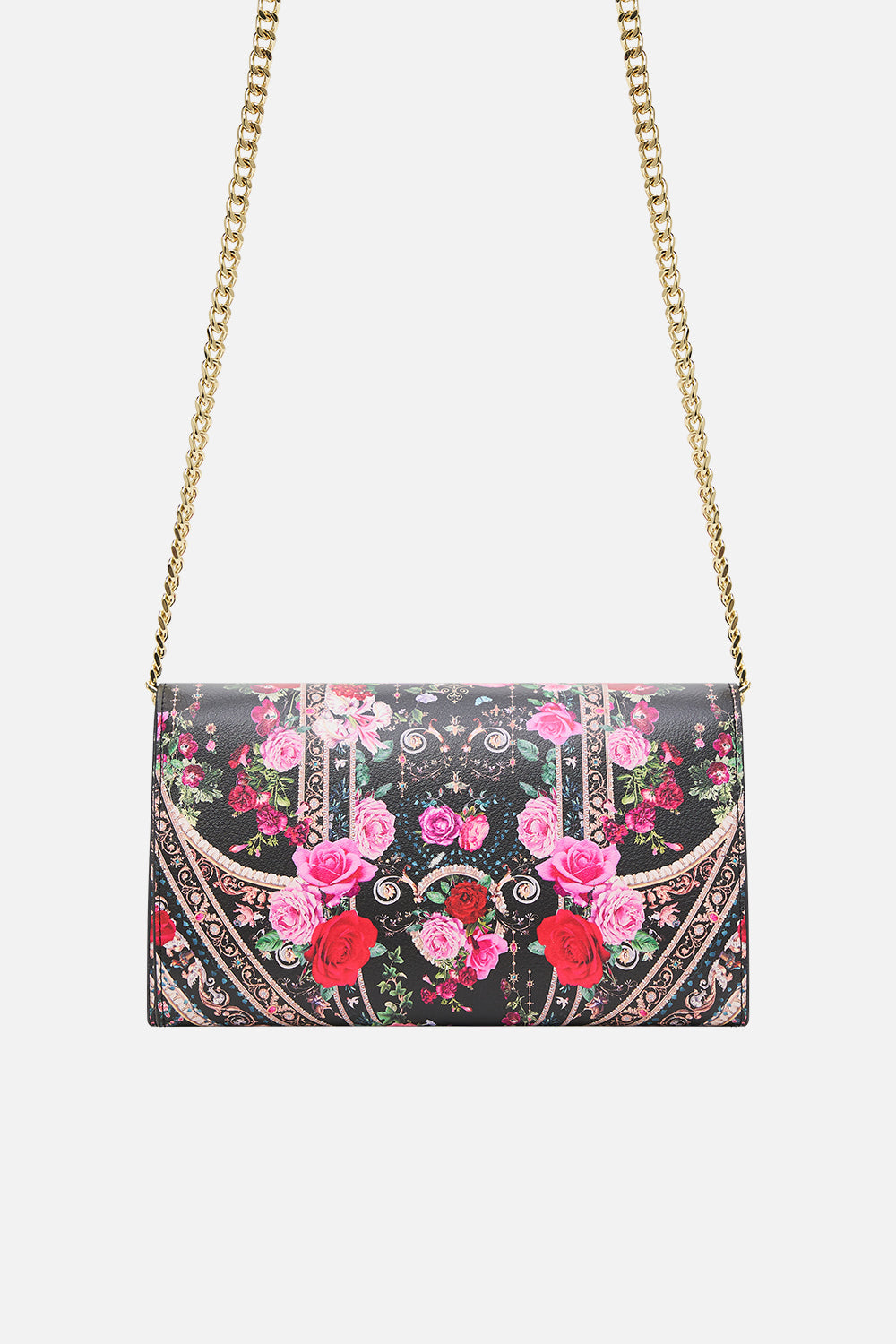 Product view of CAMILLA designer crossbody bag in Reservation For Love print