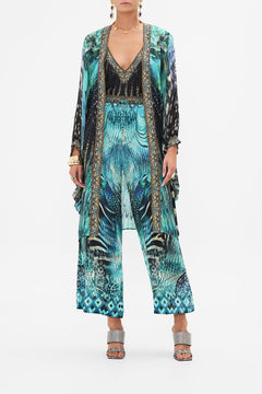 Front view of model wearing CAMILLA silk kimono layer in Azure Allure print