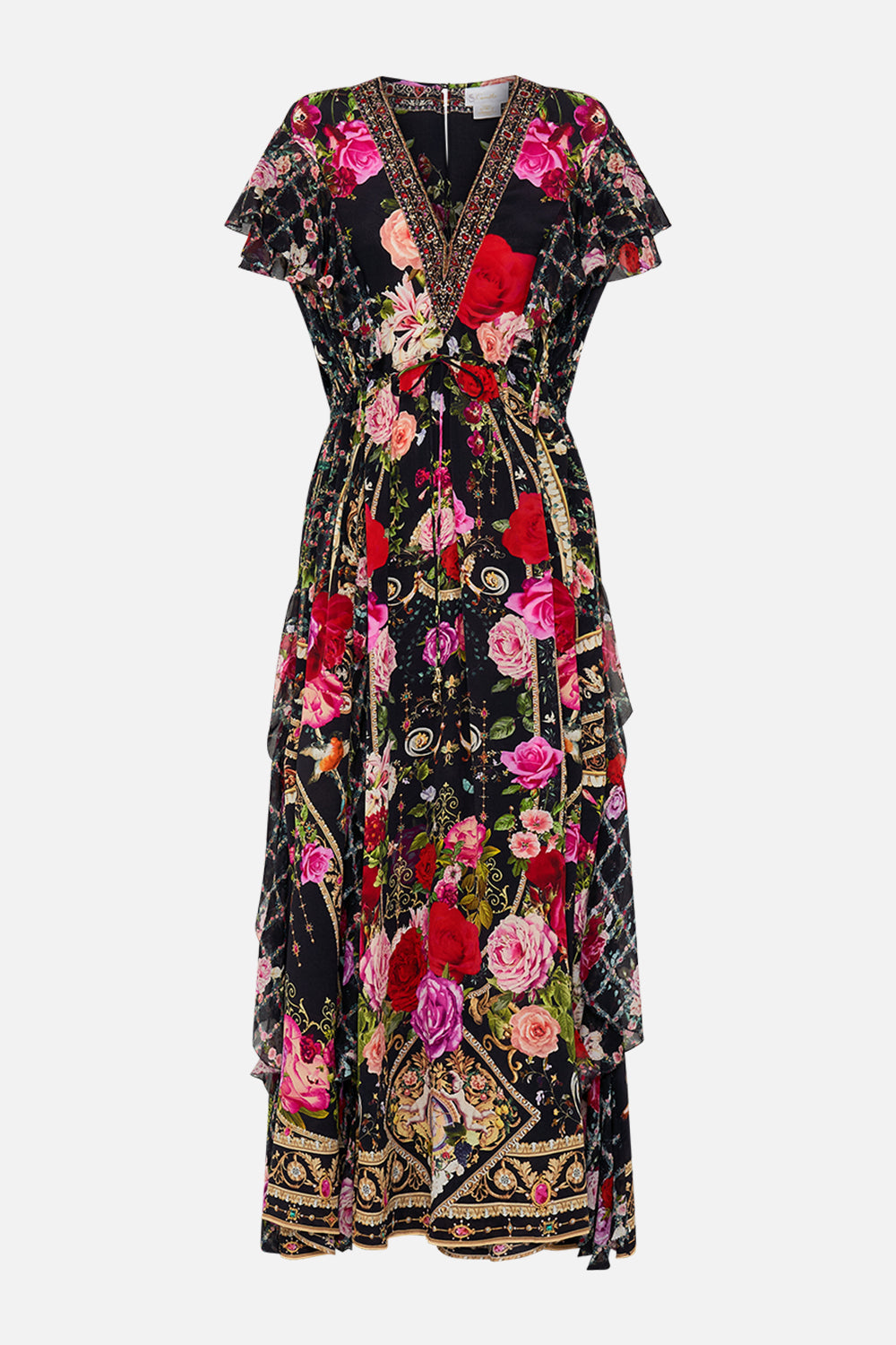 Product view of CAMILLA designer floral ruffle dress in Reservation For Love print