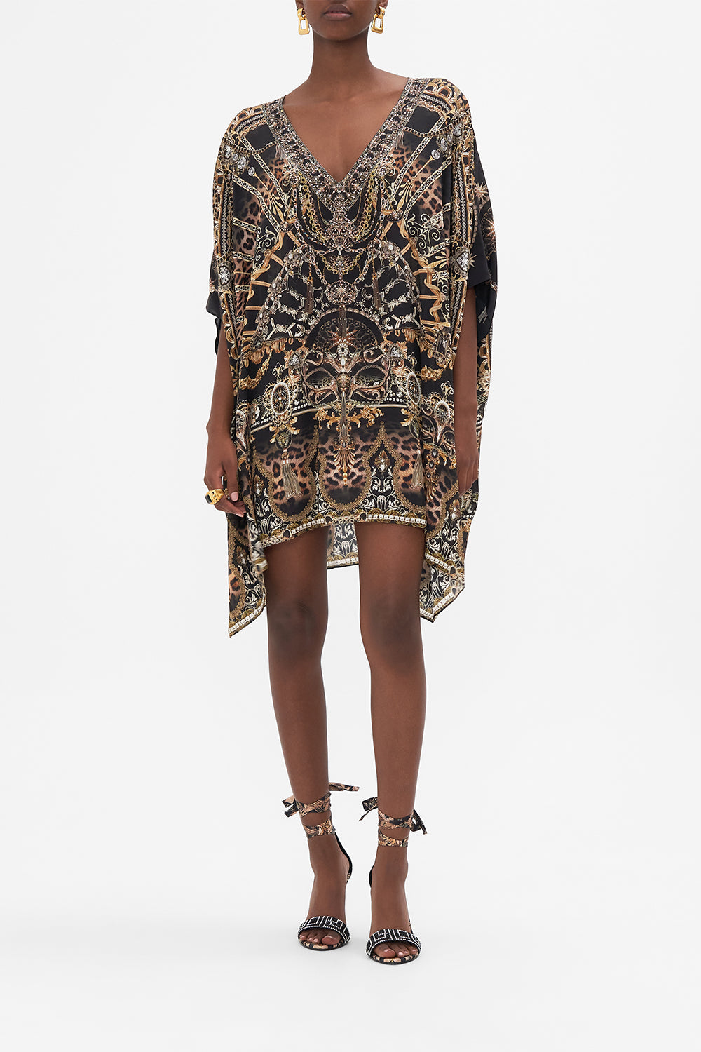 Front view of model wearing CAMILLA siilk kaftan in masked At Moonlight print