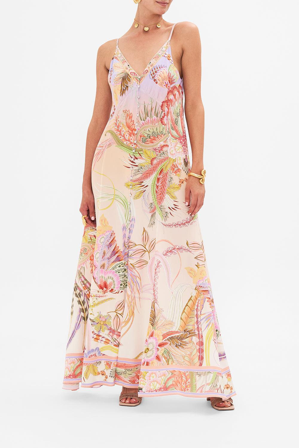 Front view of model wearing CAMILLA button through silk dress in Cosmic Tuscan print