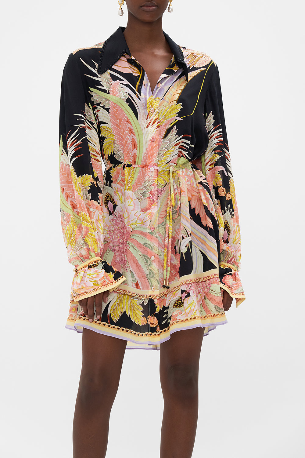 Crop view of model wearing CAMILLA silk shirt dress Lady Of The Moon print